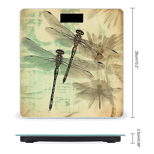 Dragonfly Dragonflies Vintage Bathroom Scale Automatic Power On/Off Body Scales LCD Backlight Display Square Digital Scale Rounded Corners Bathroom Scales for Home Bedrooms