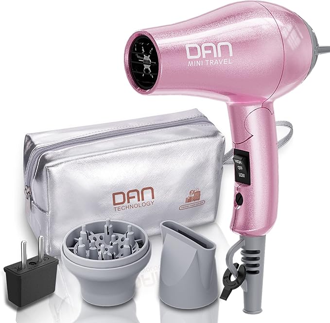 DAN Technology Travel Hair DryerDual Voltage HairDryerMini Blow Dryer with ConcentratorSmall Hair Dryer with DiffuserEuropean hairdryer with European PlugPink Blow Dryer for Women