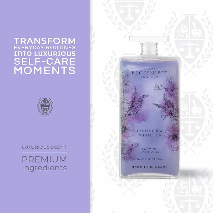 Pecksniff’s Lavender &amp White Tea Foaming Bath Soak – Luxury Bubble Bath 1L / 33.8 fl oz Made in England