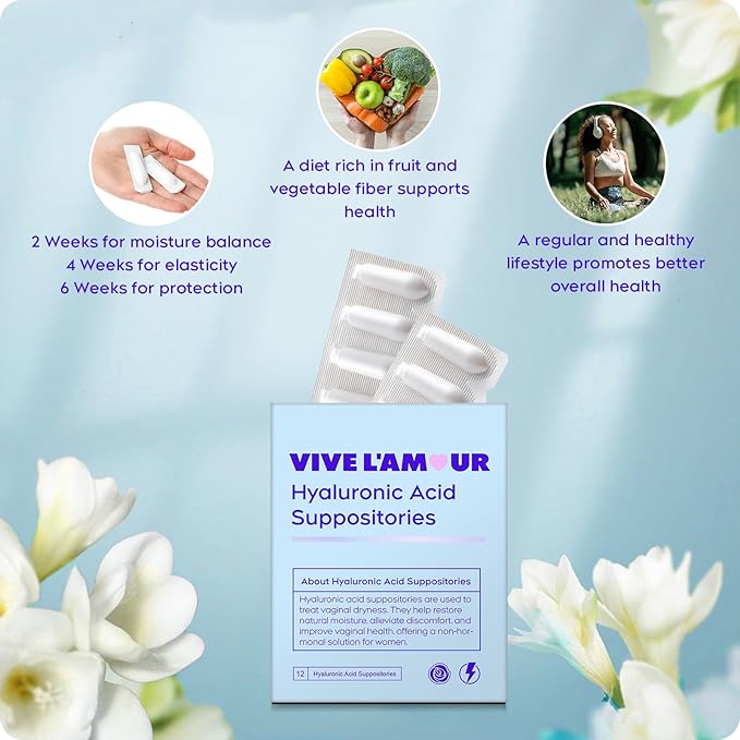 Vive L'Amour 15mg Hyaluronic Acid Vaginal Suppositories Vaginal Moisturizer Continuous Hydration Relieves Vaginal Dryness Restores Natural Softness &amp Elasticity Vaginal Health (12 Inserts)