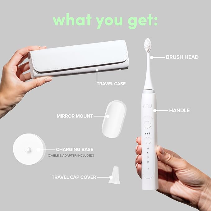 ARU Sonic Toothbrush Starter Kit with Customizable Modes and 2 Minute Timer ADA-Approved Electric Toothbrush for Adults Soft Toothbrush for Gums 45+ Days Battery Travel Case Arctic White
