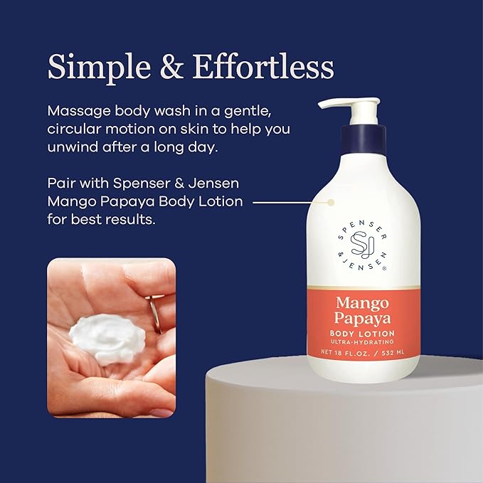 Spenser &amp Jensen Daily Moisturizing Body Wash with Hydrating Mango &amp Papaya - Gentle &amp Cleansing Body Soap - Sulfate &amp Paraben Free - 18 Oz (Pack of 2)