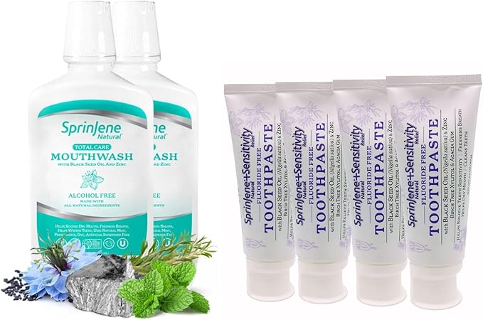 SprinJene Customer Favorite's Oral Care Bundle – Natural Toothpaste &amp Alcohol-Free Mouthwash Set Fluoride Free SLS Free Black Seed Oil &amp Zinc Formula Premium Value Essentials Duo Pack