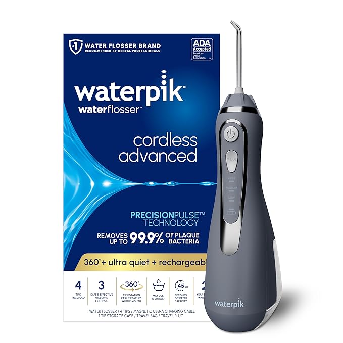 Waterpik Cordless Advanced 2.0 Water Flosser For Teeth Gums Braces Dental Care With Travel Bag and 4 Tips ADA Accepted Rechargeable Portable and Waterproof Gray WP-587 Packaging May Vary