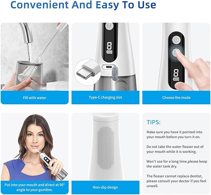 Professional Water Dental Flosser for Teeth &amp Braces - 9 Modes Cordless Oral Irrigator 350ML Large Reservoir 360° Nozzle IPX7 Waterproof Rechargeable Dental Floss Tool (M131 - White)