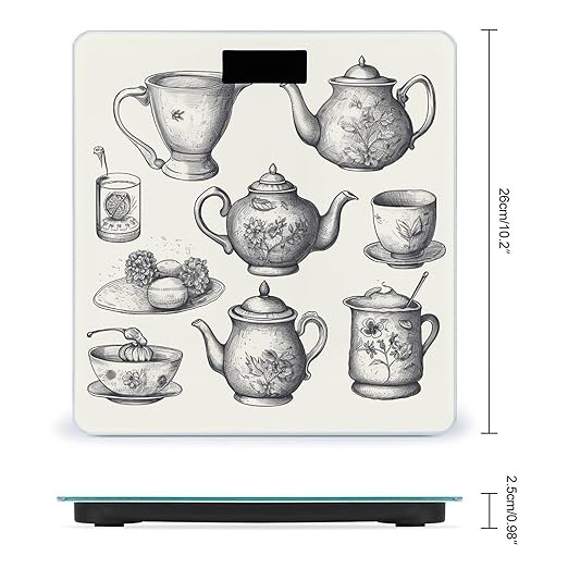 Hand Drawn Teapots and Cups Scale for Body Weight Anti-Slip Tempered Glass Digital Bathroom Scales Clear LCD Display Weighing Scale Safe Rounded Corners Smart Scales