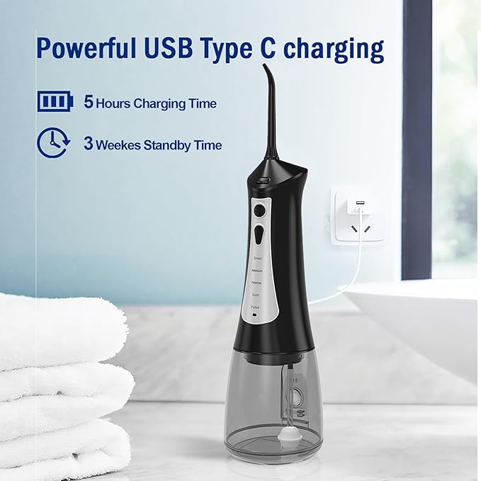 Cordless Water Flosser for Teeth Cleaning 300ML Portable Electric Water Flossers with 5 Modes &amp 6 Jet Tips for Braces Gums Teeth Cleaning IPX7 Waterproof Oral Irrigator for Adults/Kids Black
