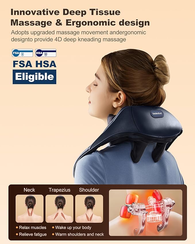 Beleduc Neck and Shoulder Massager with Soothing HeatFSA Eligible Cordless Neck Back Massager Upgrad 4D Shiatsu Deep Kneading Massage for Back Shoulder