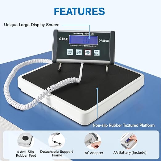 SIKE Digital Physician BMI Scale Medical Floor Scale for Body Weight 550 lb Limit Professional Weight Scale Portable Easy to Read Digital Display Heavy Duty 12.5 x 12 Platform