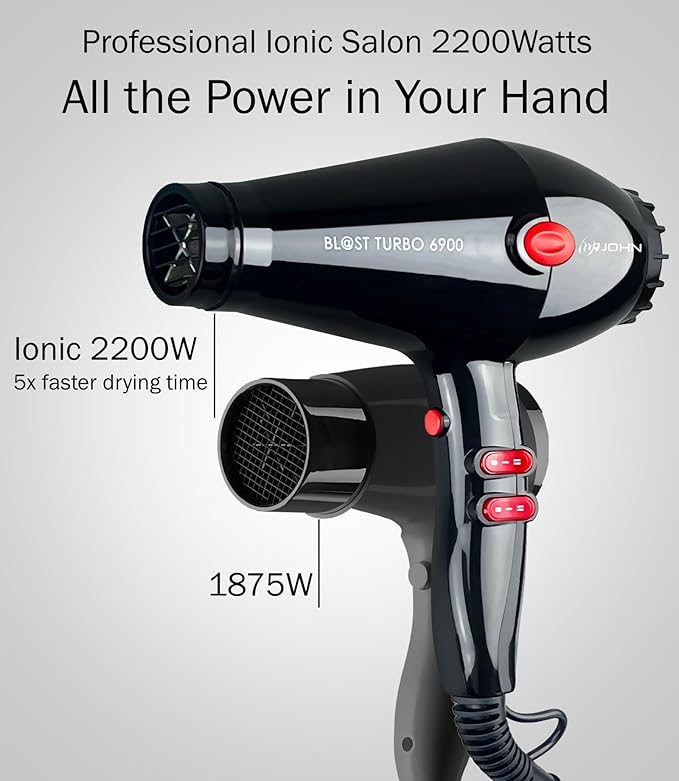 JOHN Professional Hair Blow Dryer Fast Drying Powerful 2200W Ionic for No Damage to Hair Blast Turbo 6900 Black