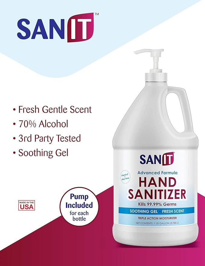Sanit Moisturizing Hand Sanitizer Gel 70% Alcohol - Kills 99.99% Germs Advanced Formula with Vitamin E and Aloe Vera - Soothing Gel Fresh Scent Made in USA - 1 Gallon with Pump &amp 2oz Refill Bot