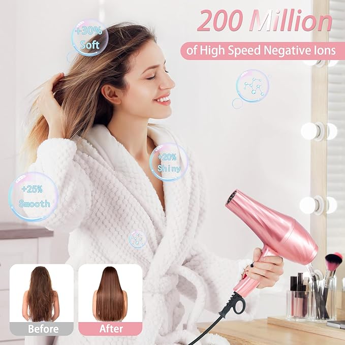 Ionic Hair Dryer2400W Negative Ion Low Noise Hair Dryer Professional Fast Drying Hair Dryers with 2 Speeds 3 Heat Settings Cooling Buttonwith Diffuser for Curly and Straight Hair（Sakura Pink）