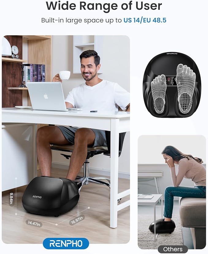 RENPHO Foot Massager Machine with Heat [2026 Upgraded] Shiatsu Foot Massager for Neuropathy Plantar Fasciitis Massager for Men Women Up to Size 14 FSA Eligible HSA Store Eligible Massager Black