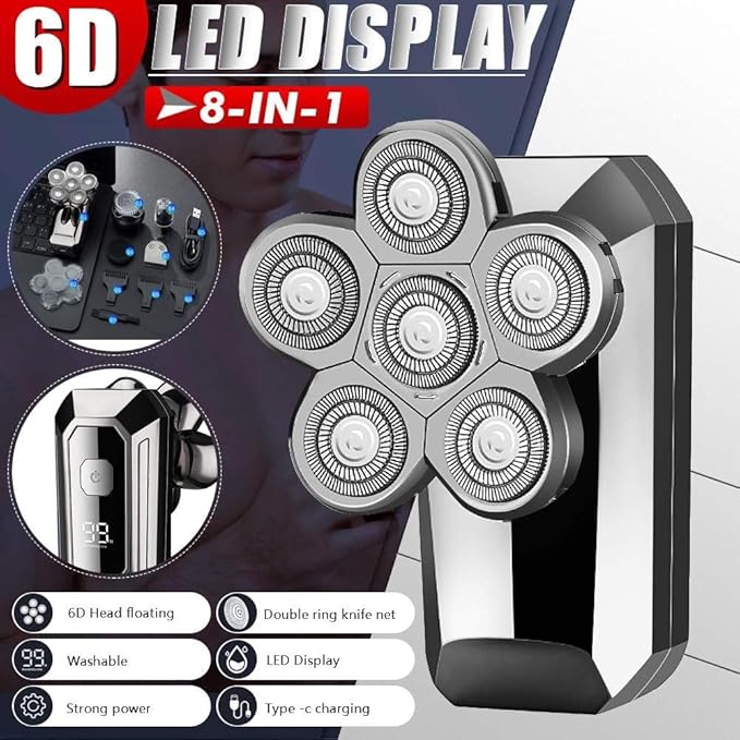 Head Shavers for Bald Men 8in1 Rechargeable Electric Shaver Five Floating Heads Razors Hair Clipper Nose Ear Hair Trimmer Men Facial Cleaning Brush