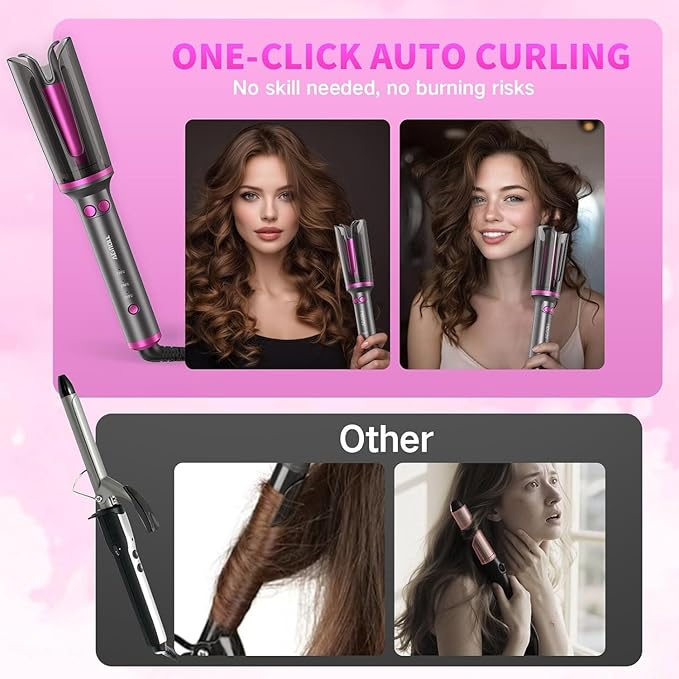 Automatic Rotating Curling Iron Beach Waves Curling Wand Portable Hair Curler 500 Million Ionic Dual Voltage &amp Lightweight for Travel Ceramic Coating 1 Inch Metallic Gray