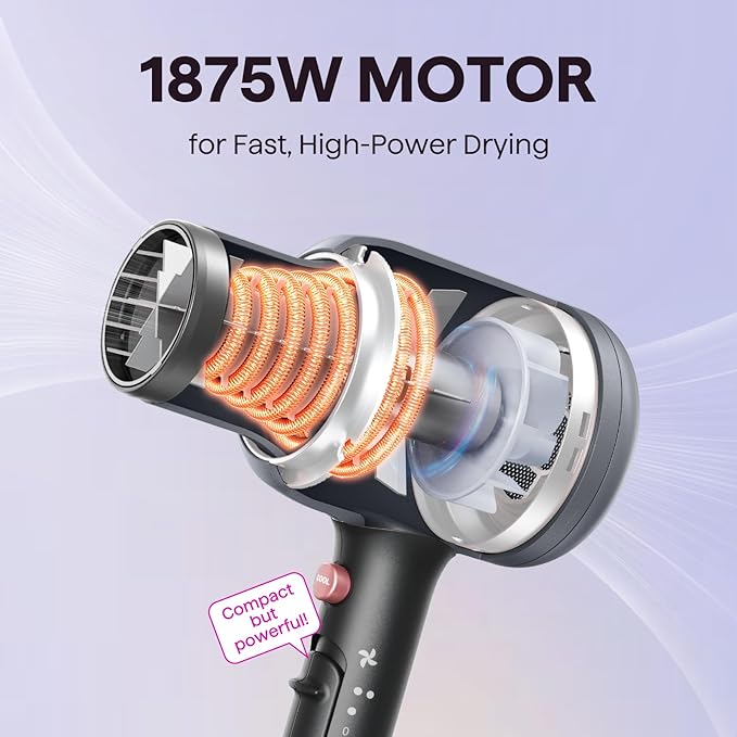 Wavytalk Blow Dryer Blown Away Ionic Hair Dryer for Curly Hair with Diffuser 1875W Fast Drying Blow Dryer with Ceramic Technology 3 Attachments for All Hair Types Light and Quiet Grey