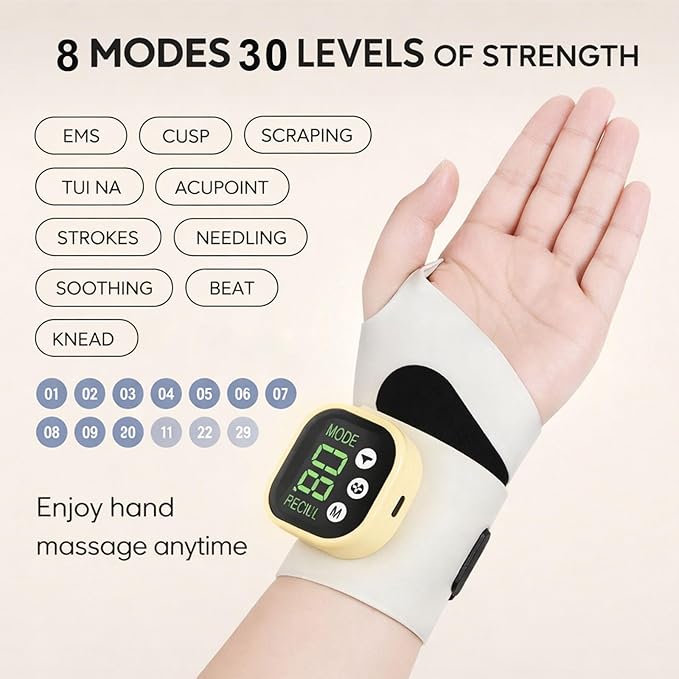 Rechargeable Electric Wrist Massager Rechargeable Heating Pad with 8 Modes &amp 30 Intensity Levels Ergonomic Wearable Design for Sports &amp Daily Use (Blue)