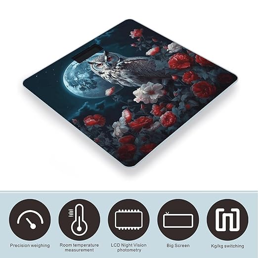 Owl Among Flowers at Night Scale for Body Weight Anti-Slip Tempered Glass Digital Bathroom Scales Clear LCD Display Weighing Scale Safe Rounded Corners Smart Scales