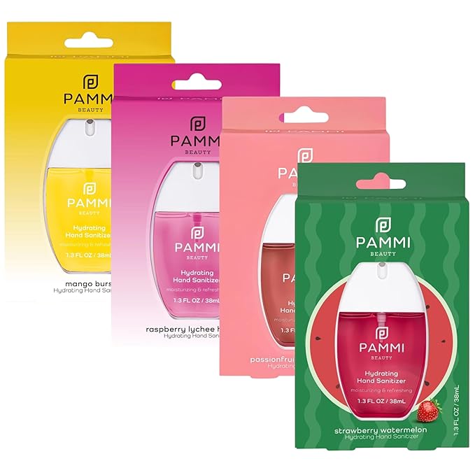 PAMMI Power Mist Hydrating Hand Sanitizer Spray Portable Travel Size Pocket Hand Sanitizer Scented Handsanitizer Mini Spray For Car - 600 Sprays (4 Packs (Mango Guava Lychee. Strawberry))