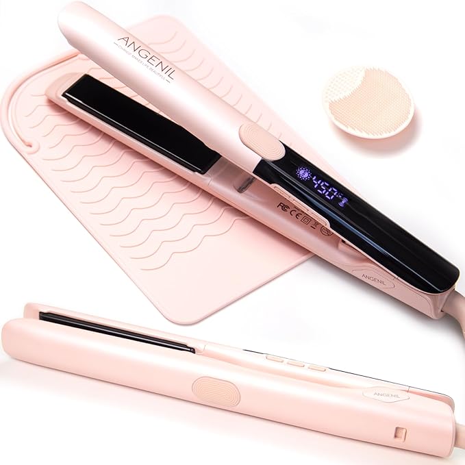 ANGENIL Pro Titanium Flat Iron Hair Straightener and Curler Anti-Scald Dual Voltage with Large Capacity Heat Resistant Travel Bag