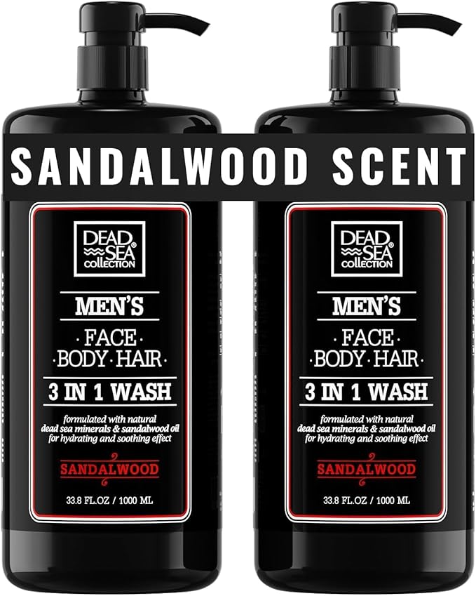 Dead Sea Collection Sandalwood Men’s Body Wash – 3 in 1 Body Wash for Men for Hair Face &amp Body – Moisturizing Shower Gel with Dead Sea Minerals – Pack of 2 (33.8 fl oz each)