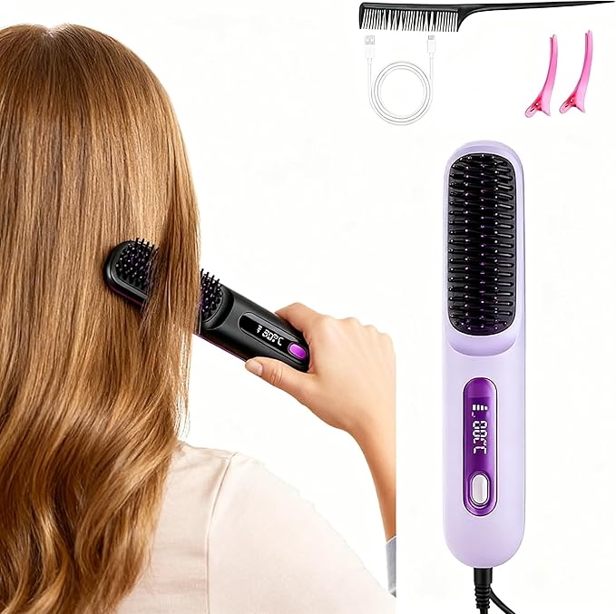 Cordless Hair Straightener Brush Portable 9 Temp Settings LCD Display USB C Rechargeable Anti Scald Black