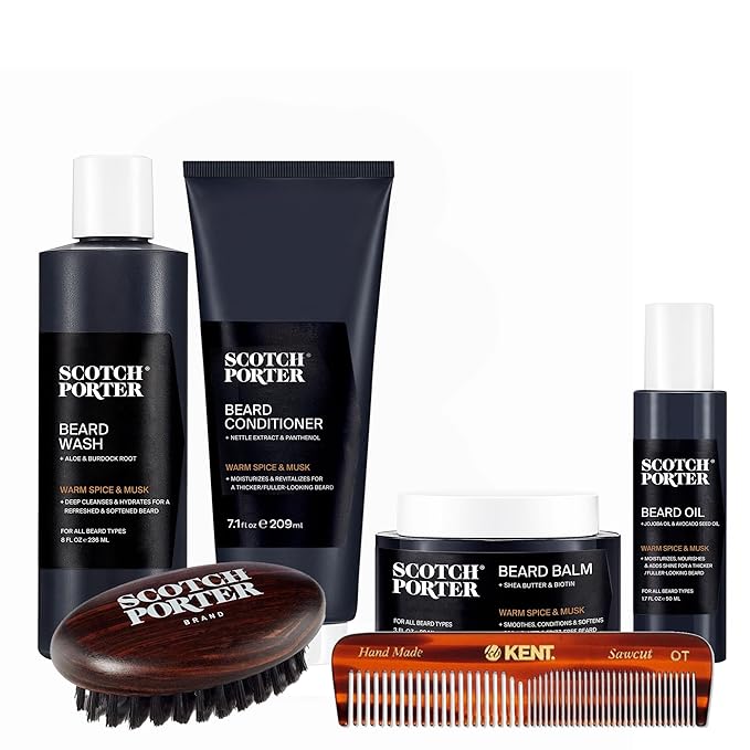 Scotch Porter Ultimate Beard Collection – Cleanse Moisturize Soothe &amp Style while Encouraging Growth for a Fuller/Healthier-Looking Beard – Includes Wash Conditioner Oil Balm Brush &amp Com