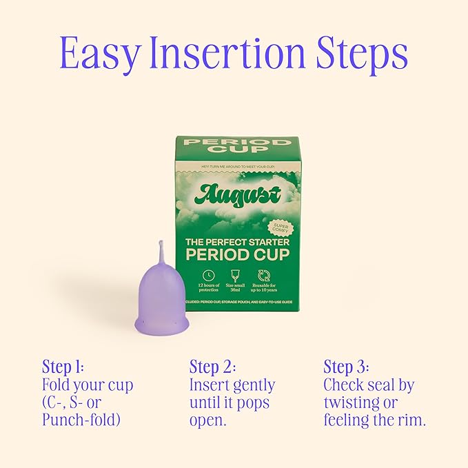 August Period Cup for Women - 36 mL Capacity 8-12h Protection Flexible Soft Silicone Menstrual Cups with Cotton-Sateen Pouch Reusable and Beginner-Friendly with Easy Step-by-Step Guide