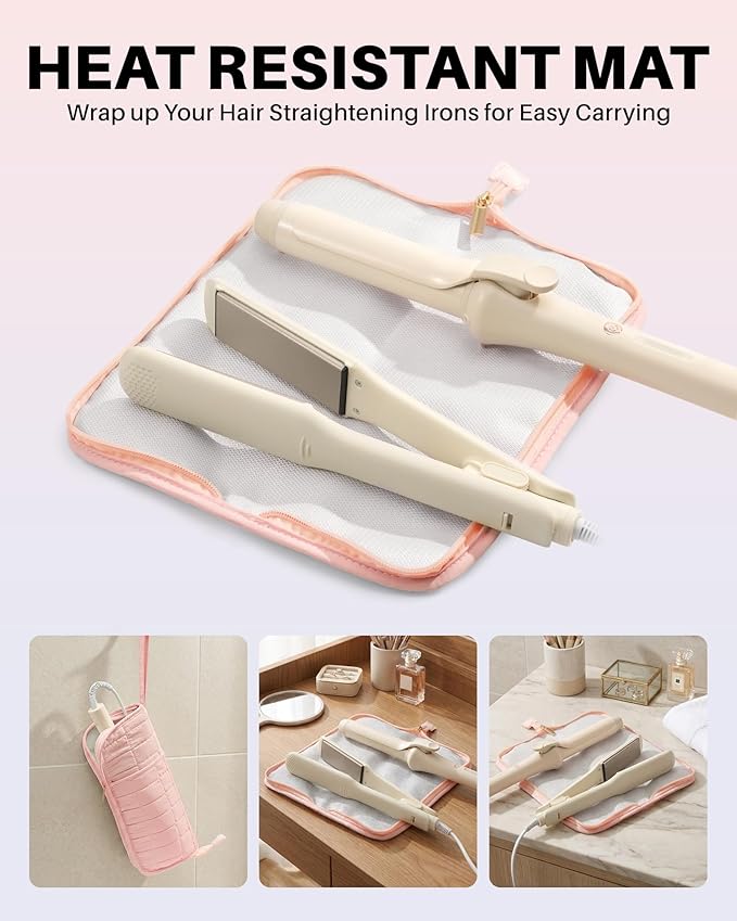 Hot Tools Travel Case with Heat Resistant Mat Pouch Large Hair Tool Organizer Bag for Curling Iron Flat Iron Hair Dryer Hot Air Brush Water Resistant Makeup Bag Gift for Women Pink