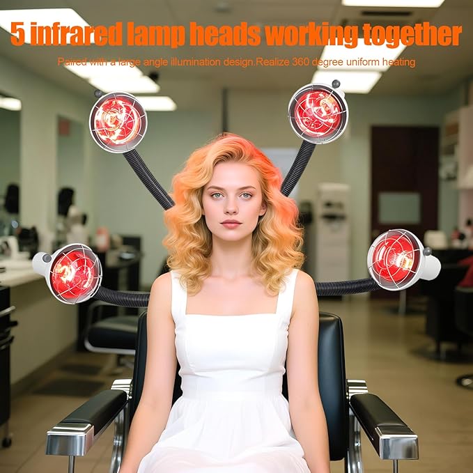 Hair Dryer with 5 Heat Lamps Adjustable Arm and Flexible Lamp for Efficient Hair Drying 750W Powerful Infrared Technology Perfect for Salon or Home Use for Perming &amp Styling Red