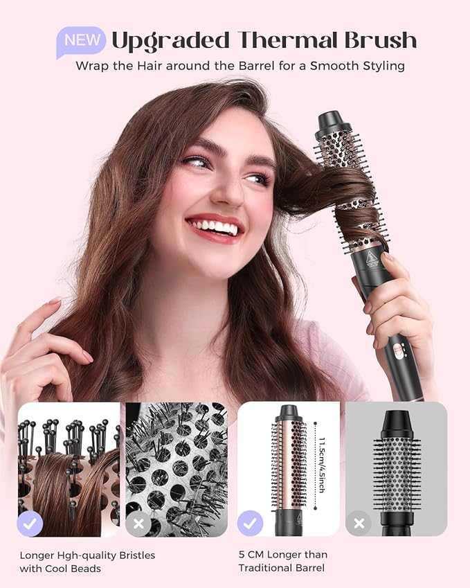 5 in 1 Curling Iron with Thermal Brush and 4 Interchangeable Ceramic Barrels(1/2 to 1 1/2 inch) Curling Wand Set with Flat Iron Fast Heating Dual Voltage Hair Curler Gifts for Women