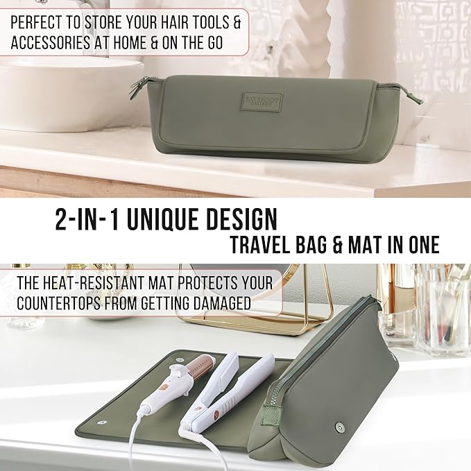 BAREFOOT CARIBOU Hair Tools Travel Bag and Heat Resistant Mat for Flat Irons Straighteners Curling Iron and Haircare Accessories 2-in-1 design with Interior Pockets Portable Organizer