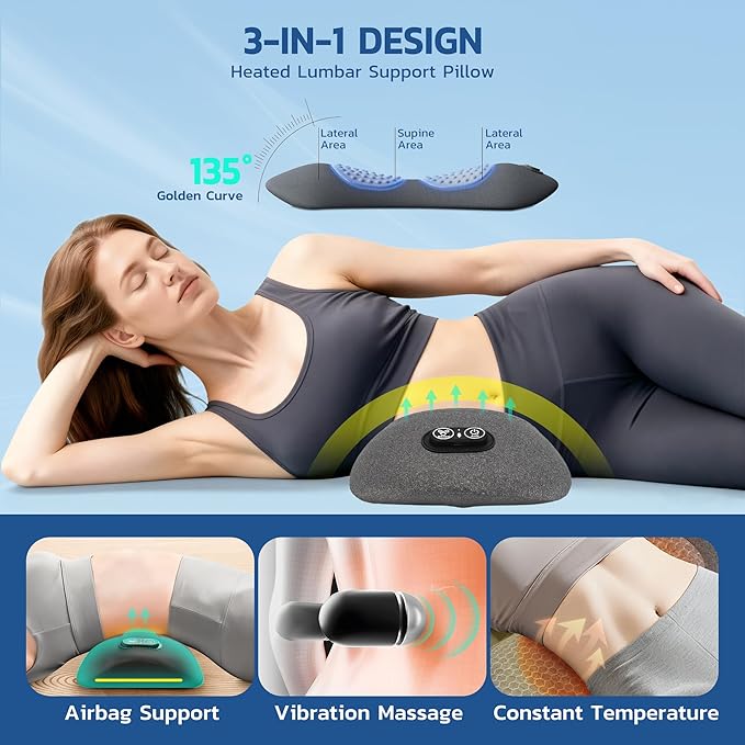 Rechargeable 3 in 1 Lumbar Support Pillow Electric Lower Back Massager Waist Decompression Devices Heat Vibration