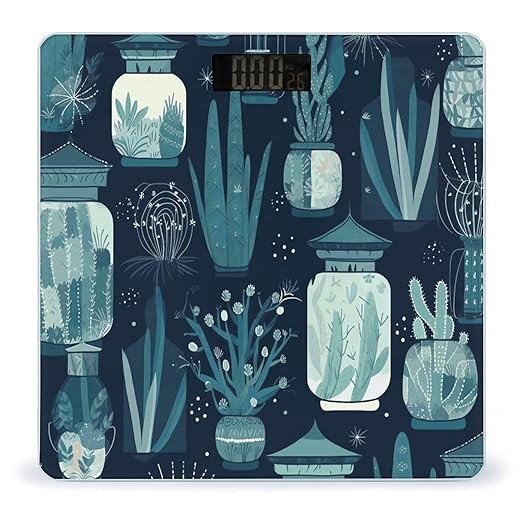 Succulent Plants and Cactus Bathroom Scale Automatic Power On/Off Body Scales LCD Backlight Display Square Digital Scale Rounded Corners Bathroom Scales for Home Bedrooms