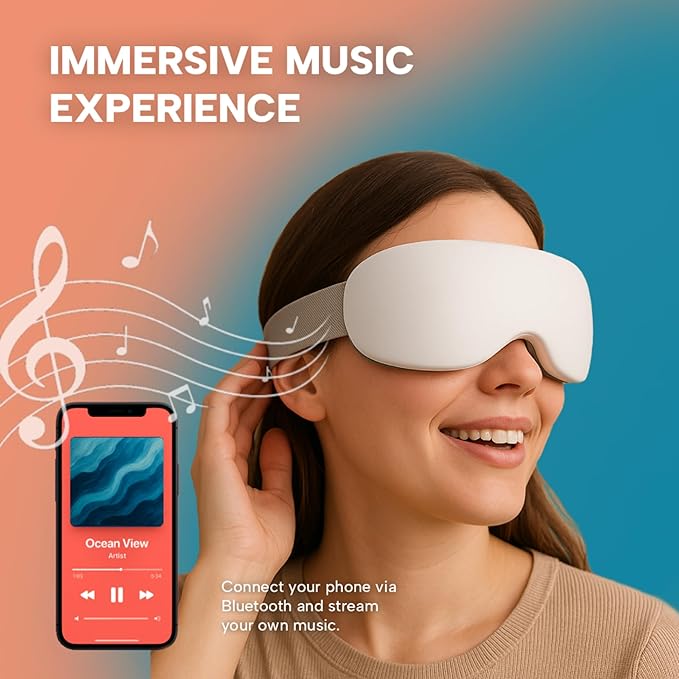 Eye Massager with Heat &amp Cooling | 12 Precision Massage Nodes | Bluetooth Music | 4 Massage Modes | 2400mAh Battery | Relaxation for Eye Strain Dry Eyes Stress &amp Headaches
