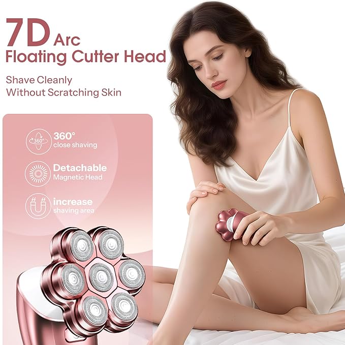 Electric Razors for Women Legs: 5-in-1 Rechargeable Body Shaver 7D Wet &amp Dry Body Trimmer IPX7 Waterproof Lady Hair Remover for Face Underarms Pubic Light Pink