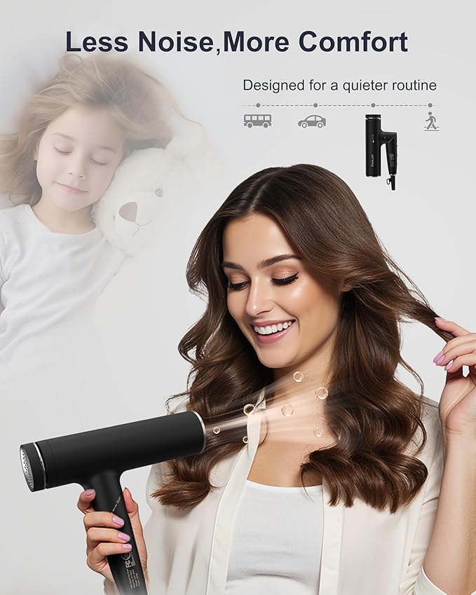 Annlary Hair Dryer Blow Dryer with Diffuser for Curly Hair | Plasma Ionic Hairdryer for Frizz Control | Low Noise | Foldable for Travel | 6.5Ft ALCI Cord | Magnetic Nozzle for Faster Drying
