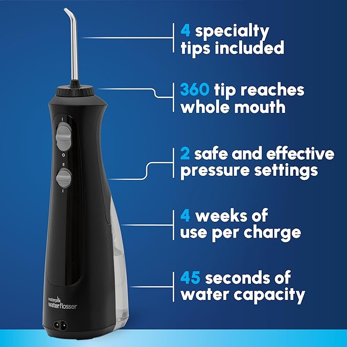 Waterpik Cordless Pearl Rechargeable Portable Water Flosser for Teeth Gums Braces Care and Travel Extra Quiet 4 Flossing Tips - ADA Accepted WF-13 Black Amazon Exclusive