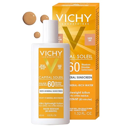 Vichy Capital Soleil Tinted Mineral Sunscreen for Face SPF 60 Titanium Dioxide Face Sunscreen Travel Size Sunscreen Water Resistant Light weight Sun Protection Creams Gels &amp Lotions