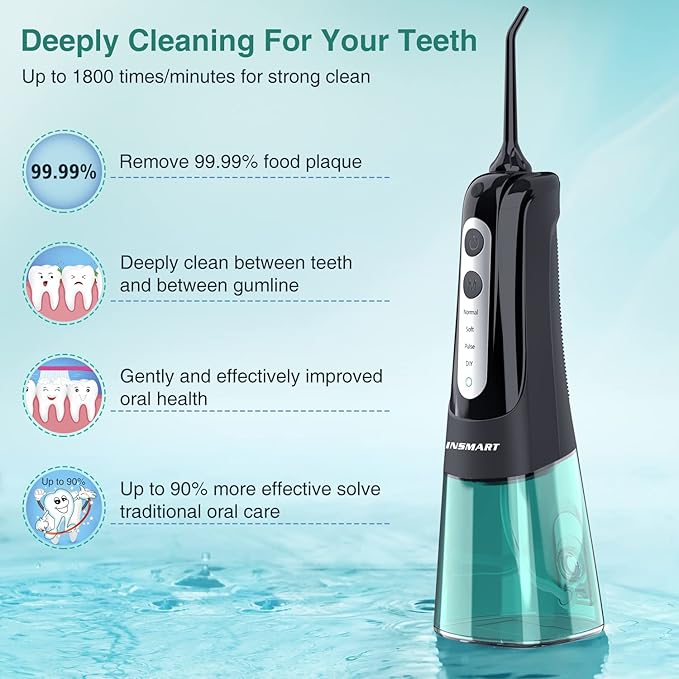 Cordless Water Dental Flosser Teeth Cleaner with Tips Case INSMART Professional 300ML Tank DIY Mode USB Rechargeable Oral Irrigator for Home and Travel IPX7 Waterproof 4 Modes Irrigate for Oral Care