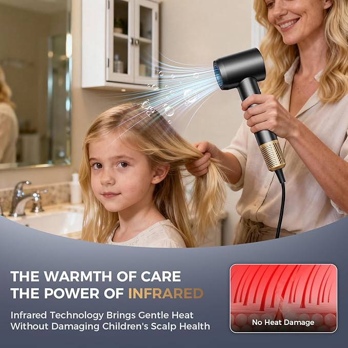 Infrared Hair Dryer with Magnetic Nozzle - 160000 RPM Quiet lonic Blow Dryer for Women with Frizz Control &amp No Heat Damage Red Light Negative Ions Fast Drying for All Hair Types