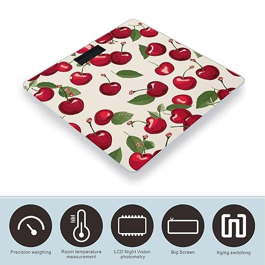 Red Cherry Pattern Bathroom Scale Large LCD Backlight Display Digital Scale Rounded Corners Body Scales Automatic Power On/Off Bathroom Scales for Home Bedrooms