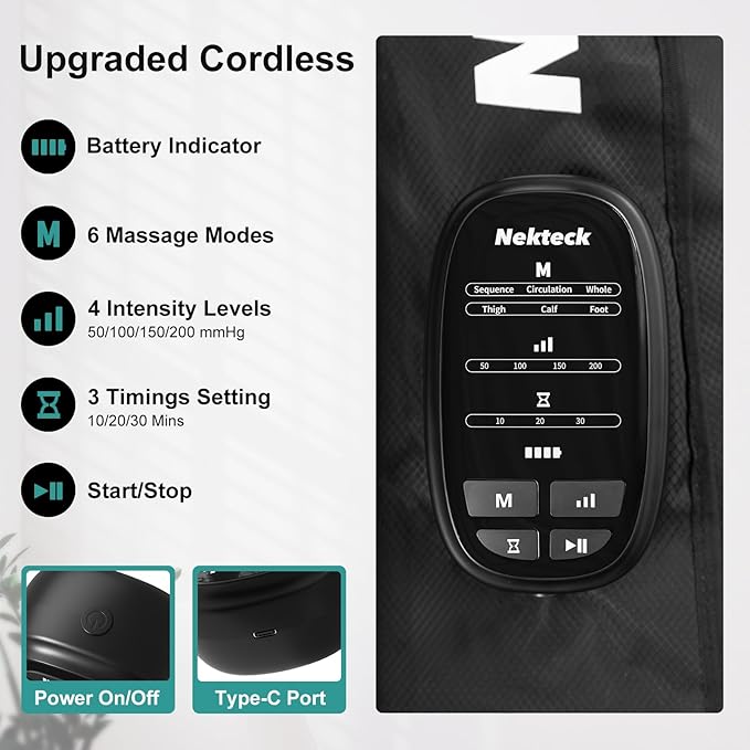 Nekteck Full Leg Compression Massager for Pain and Circulation Portable Compression Boots for Athletes with 6 Modes &amp 4 Intensities Gifts for Mom Dad Men Women (Single Unit)-Small