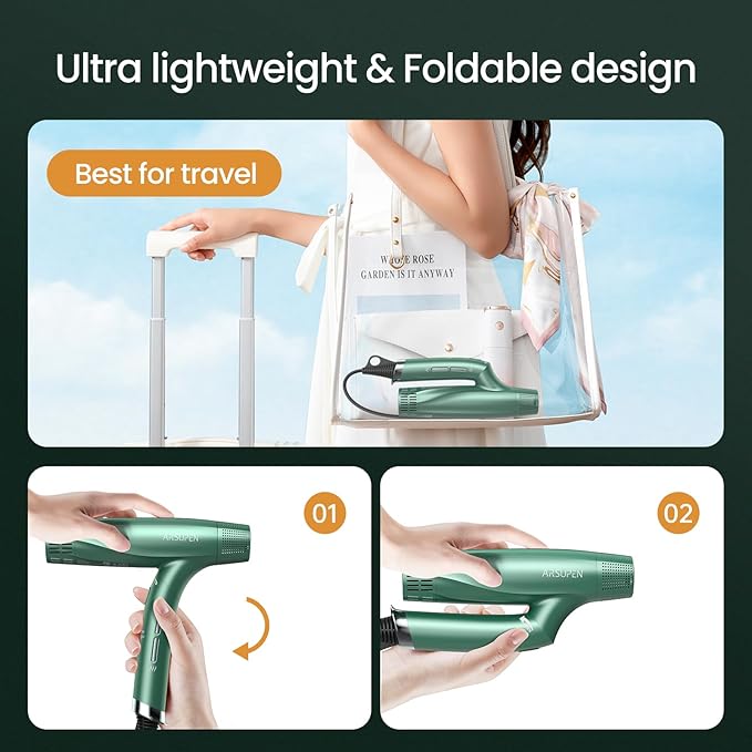 Professional Hair Dryer with Powerful Brushless Motor High Speed for Fast Drying with Magnetic Nozzle Lightweight Foldable Dual Ionic Blow Dryer 12 Modes Super Quiet for Travel Salon Home