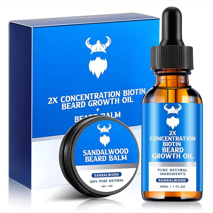 Beard Growth Oil &amp Beard Balm - Beard Growth Kit with 2X Concentration Biotin for Men Natural Ingredients with Argan Oil Jojoba Oil and Vitamin (Sandalwood)