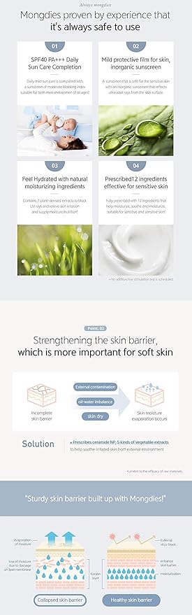 Mongdies Baby Sun Cream SPF30 PA+++ -100% SAFE Moist and Gentle Non-Sticky No White Cast Light-Weight Inorganic Sunscreen EWG Green Plant-derived extracts and plenty of deep ocean water- 60ml