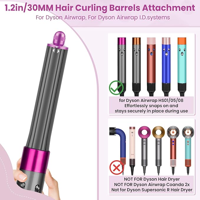 1.2IN Long Hair Barrels Attachment Compatible with Dyson Airwrap HS01 HS05 HS08 Accessories Automatic Curling Iron Curlers for Soft Inward Curls Voluminous Outward Waves Rose