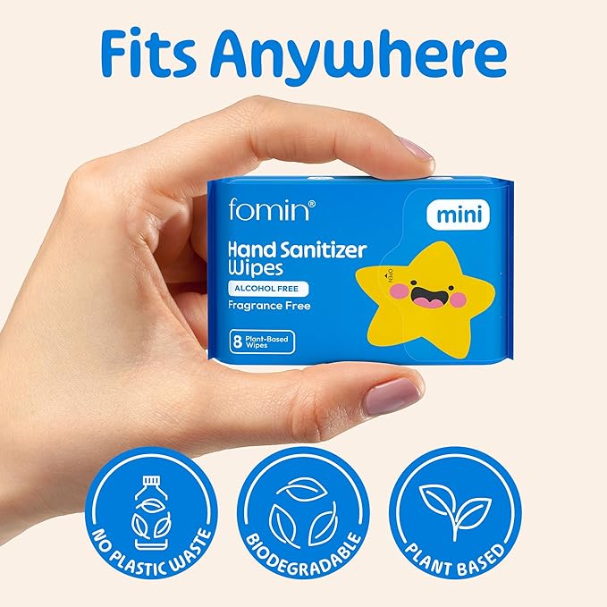 Fomin Mini Hand Sanitizer Wipes 30 Pack (8 Count) - Fragrance Free Mini Wet Wipe - pH Balanced Biodegradable Antibacterial On the Go Hand Sanitizing Wipes - Hypoallergenic Plant-Based Travel Wipe