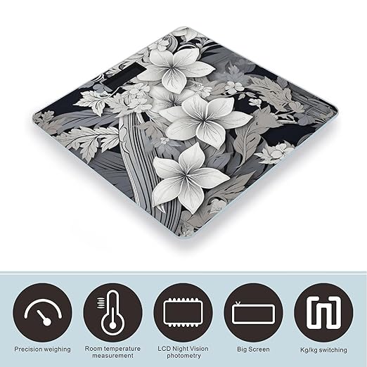Intricate Black and White Tropical Flowers Pattern Smart Scale for Body Weight Accurate Bathroom Scale with LED Display Digital Weight Scales Weighing Machine High Precision Scales for Bath Home