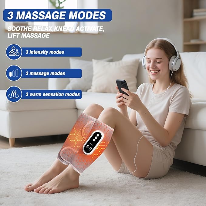 Air Compression Leg Massager Cordless Leg Compression Massager for Circulation with 3 Modes and Heat Easy to use Muscle Relaxation(Pair) (Grey)